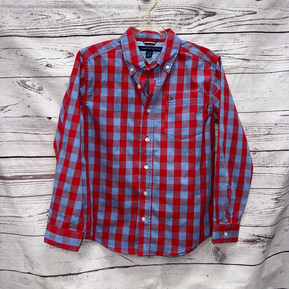 Tommy Hilfiger Scarlet Sage Blue & Red Plaid Shirt Size Medium 12/14